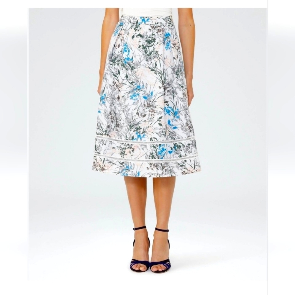 REISS Rennie 100% SILK Floral Skirt Blue/Green Knee Length Lace Inset Lined Sz 8